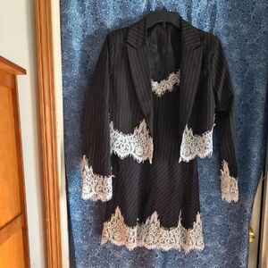 Elegant Black Pinstripe Women's 2pc Jacket & Dress with Lace Trim Size M.